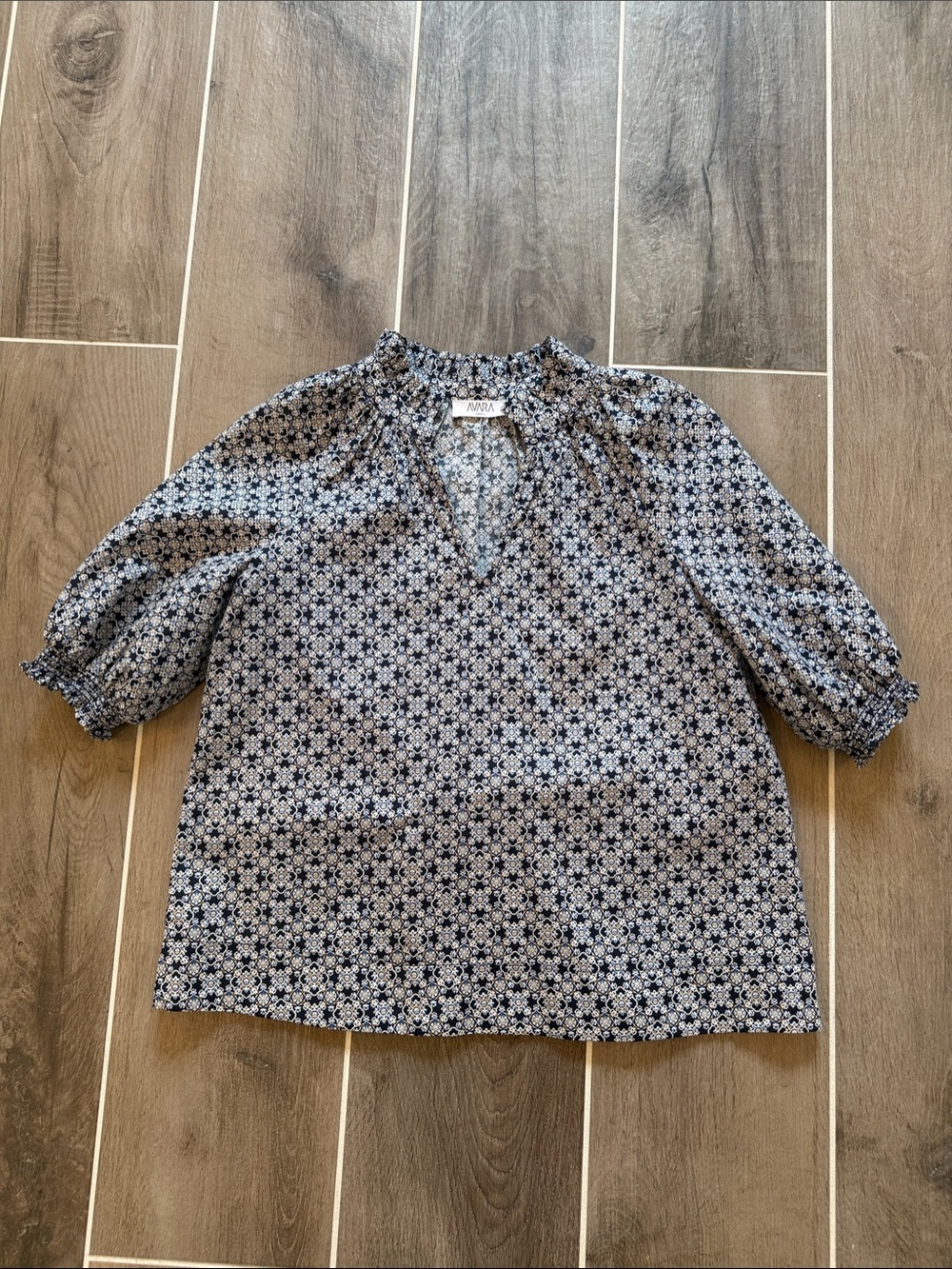 Floral Puff-Sleeve Blouse in Navy and White NWOTs